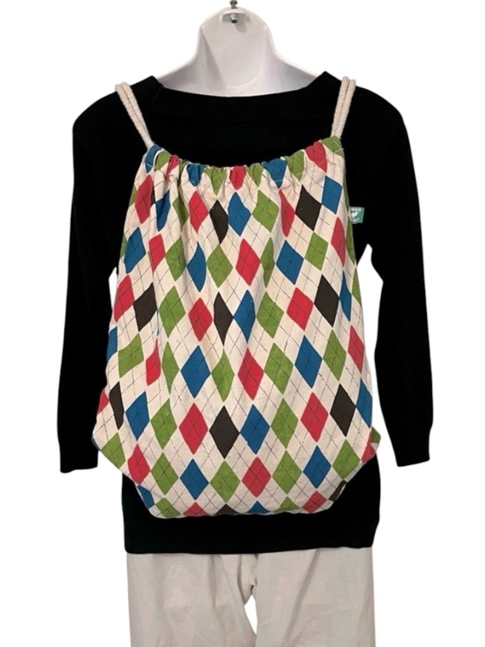 Dodo Bag Canvas Colorful Argyle Print Rope Straps Beach Bag Backpack